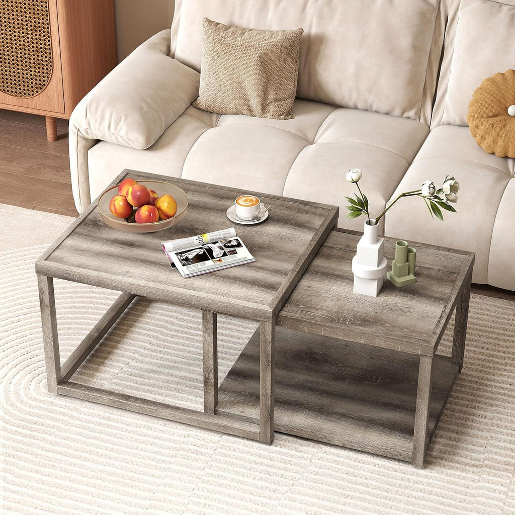 GOFLAME Nesting Coffee Tables Set of 2, Stackable Rectangular Center Table with Storage Shelf, Solid Rubber Wood Frame, Farmhouse Accent Tea Table for Living Room, Small Space, Gray Oak