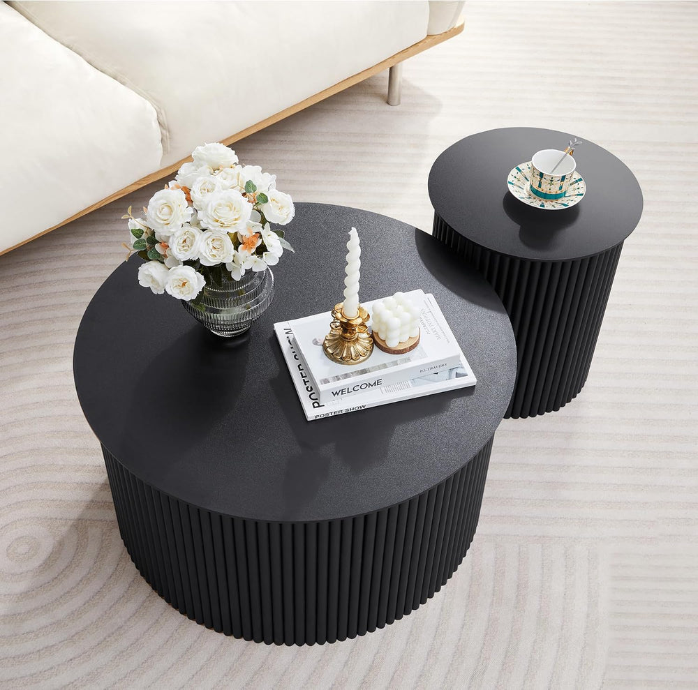 Fluted Round Nesting Coffee Table Set of 2 Circle Center Table Living Room