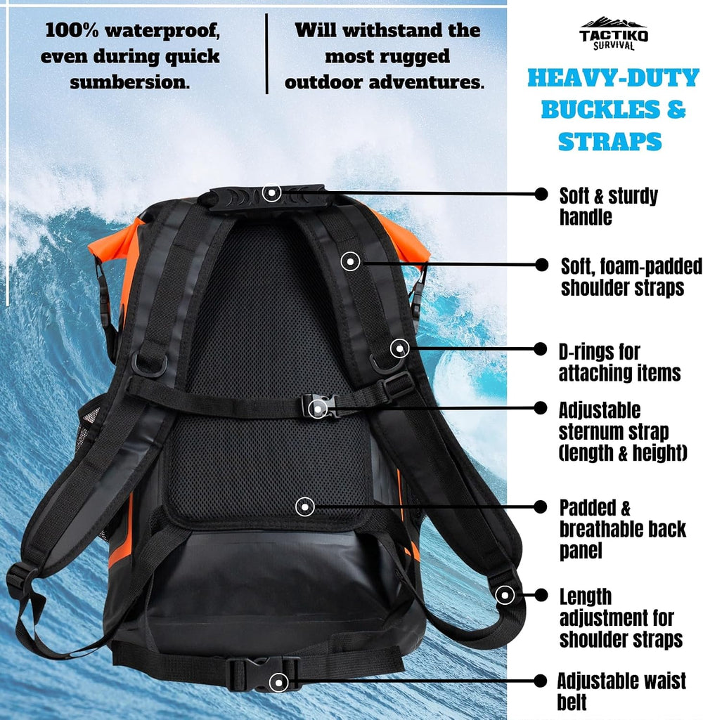 Tactiko Survival 35L Heavy-Duty 100% Waterproof Backpack, Roll Top Dry Bag
