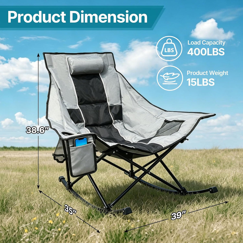 ZENPETIO Oversized Rocking Camping Chair, Folding Rocker Chairs, Gray Black