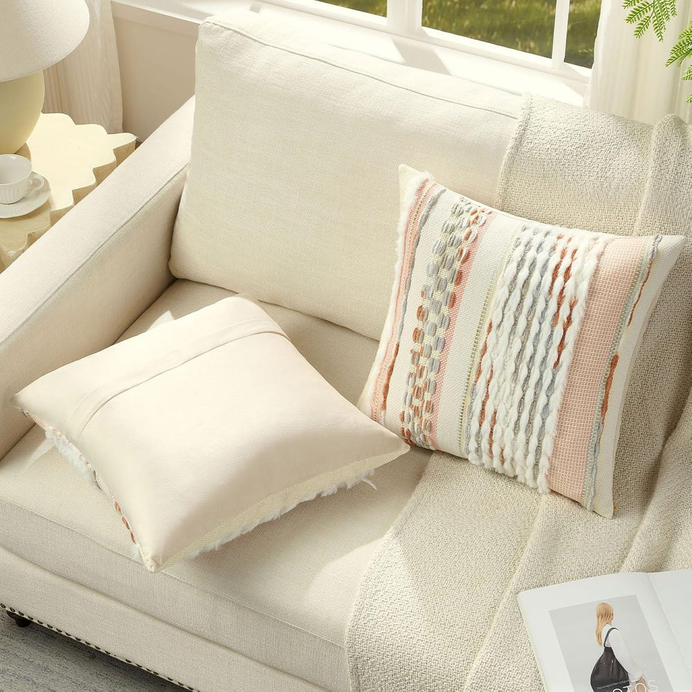 FUTEI 2 Pack Tufted Throw Pillow Covers Covers 18x18 Inch,Grey Blue+Coral