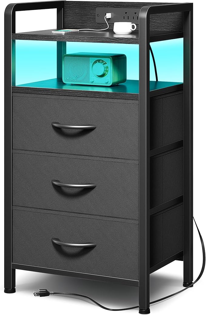 Night Stand Bedside Charger Bedroom - Nightstand with Charging Station & LED Light Strip, Night Stand with Storage Shelf & 3 Fabric Drawers, Morden End Table with U-S-B Ports & AC Outlets