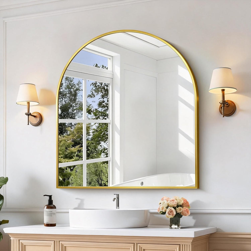 CIRCUMI Arched Wall Mirror, 36"x40" Gold Arched Mirror for Bathroom