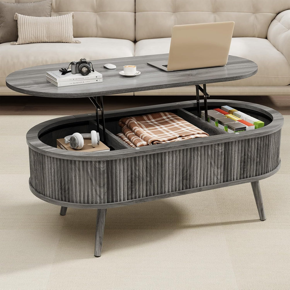 Oval Coffee Table with Storage, Fluted Modern Coffee Table with Lift Top, Sma...