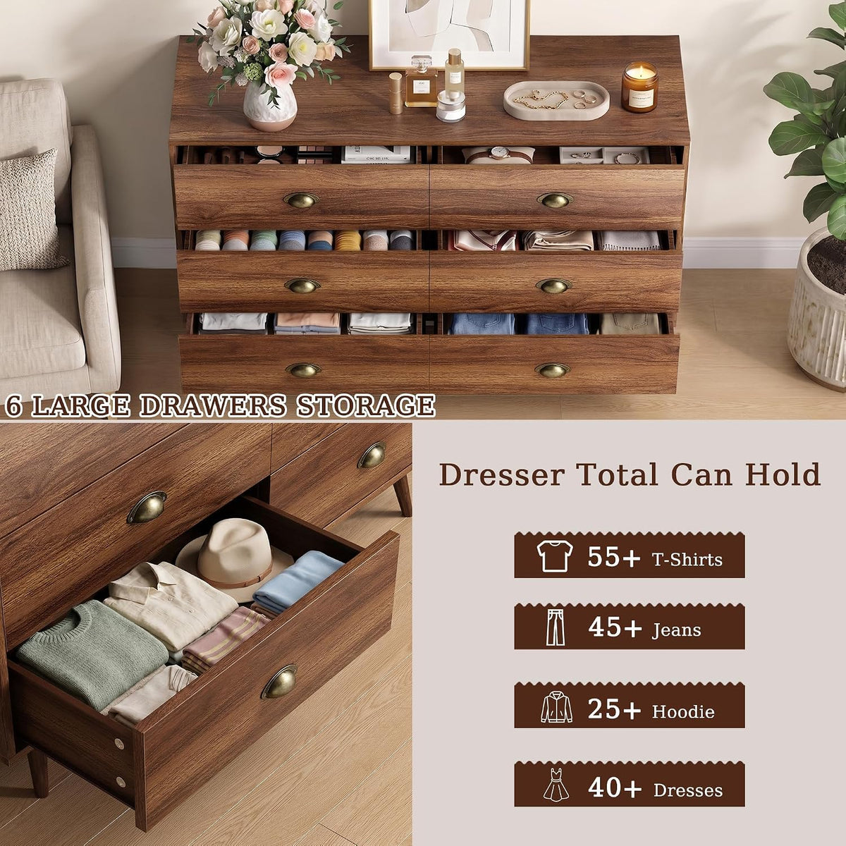Walnut 6 Drawer Dresser for Bedroom, 47" Wood Dresser with Gold Handles.