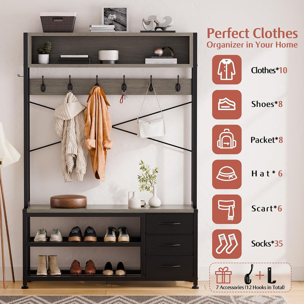 Hall Tree with Bench and Hooks, 39.4" Shoe and Coat Rack Entryway Organizer