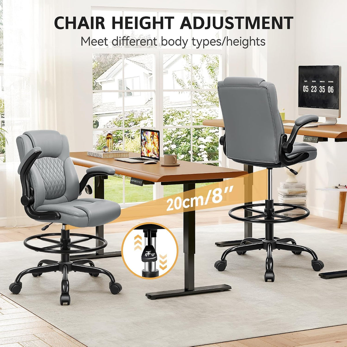 Drafting Chair, Tall Office Chair for Standing Desk, High Executive Leather Ergonomic Computer Chair with Adjustable Height and Flip-Up Armrest for Counter Height Desk, Grey, Pack of 1