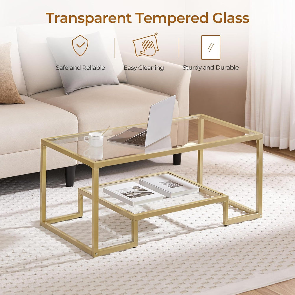 Yaheetech 42" Small Gold Coffee Table for Living Room, 2-Tier Glass Shelf