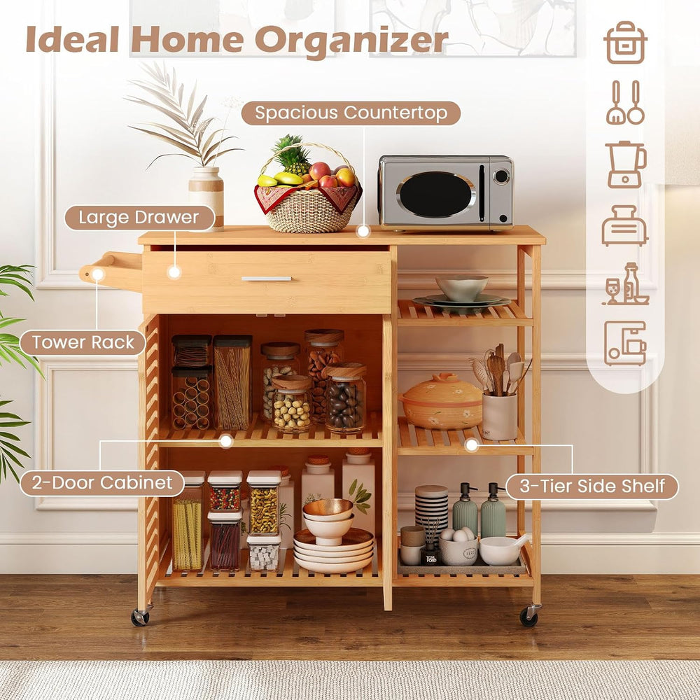 LOKO Mobile Bamboo Kitchen Island Cart, Rolling Storage Sideboard, Natural