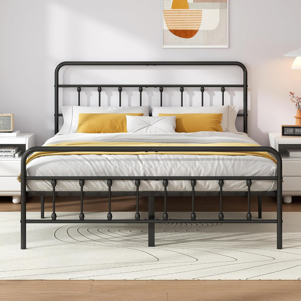Vengarus Full Metal Bed Frame with Victorian Headboard & Footboard, Black