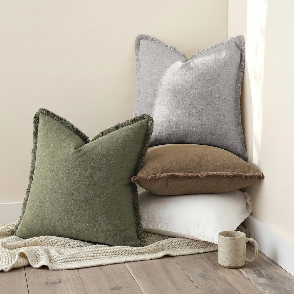 decorUhome Linen Fringe Dark Grey Throw Pillow Covers 18x18 Set of 2