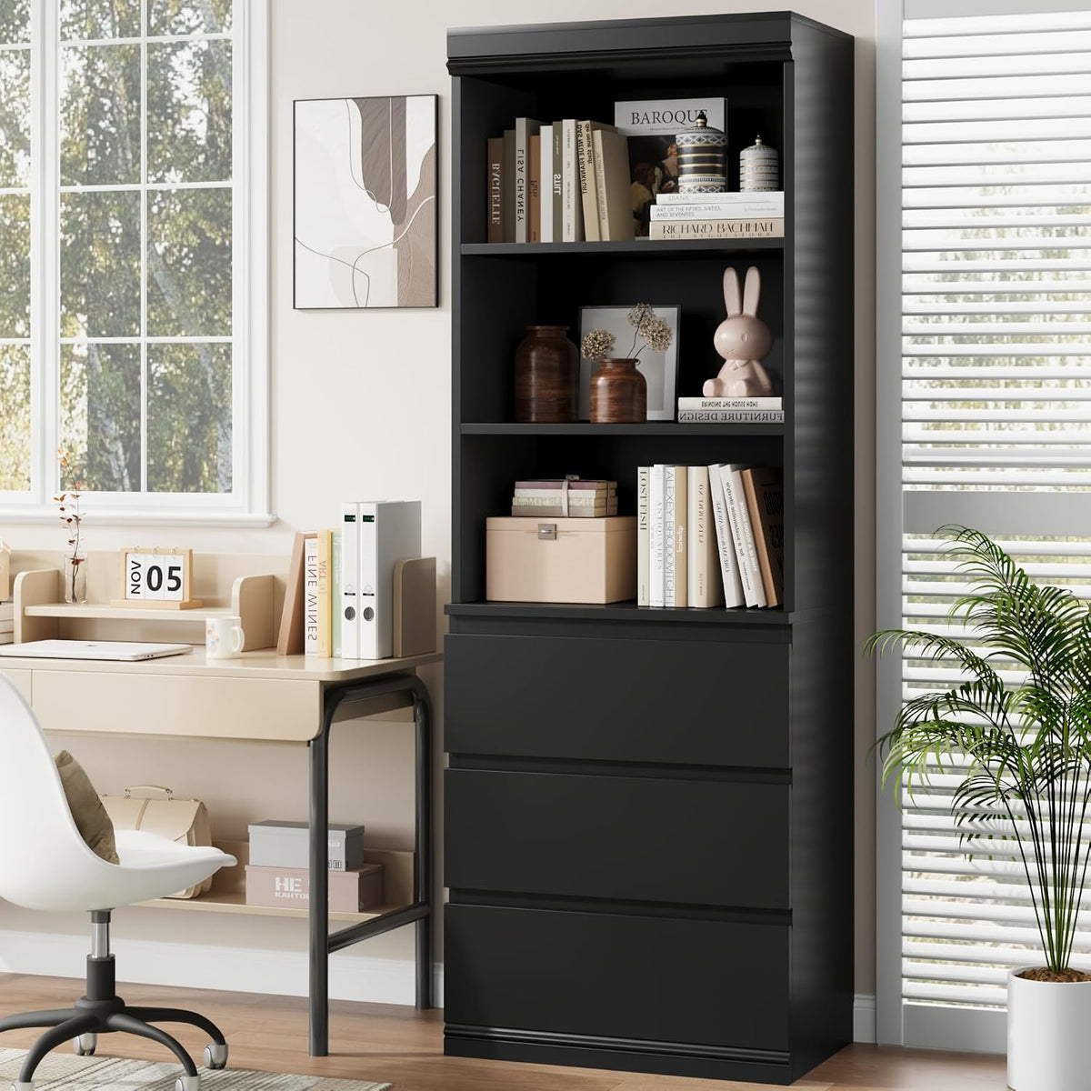 IDEALHOUSE 70" Tall Bookcase with Drawers, Open Book Shelves Library Bookcase with 3 Storage Cabinet, Wood Freestanding Book Shelf Book Shelf Display Bookcase for Home Office, Living Room (Black)