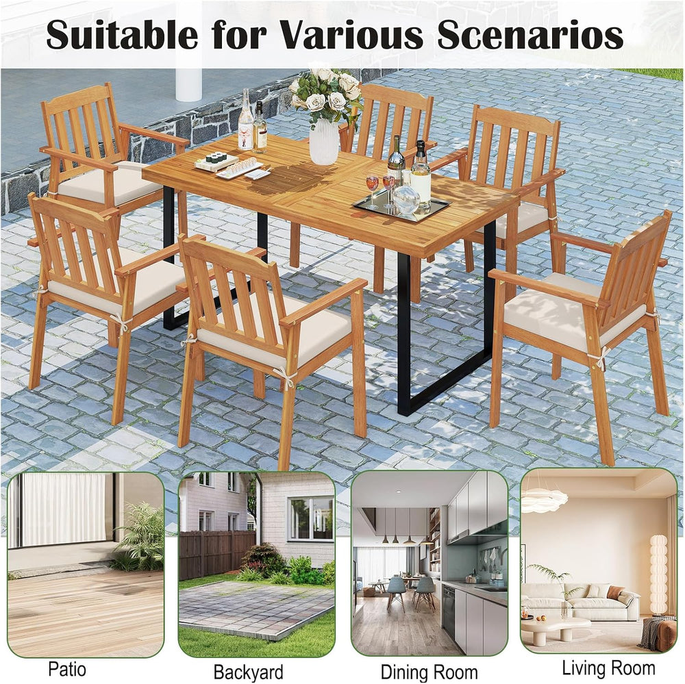 Tangkula 7 Pieces Patio Dining Table Set, 63” Rectangle Acacia Wood Table wit...