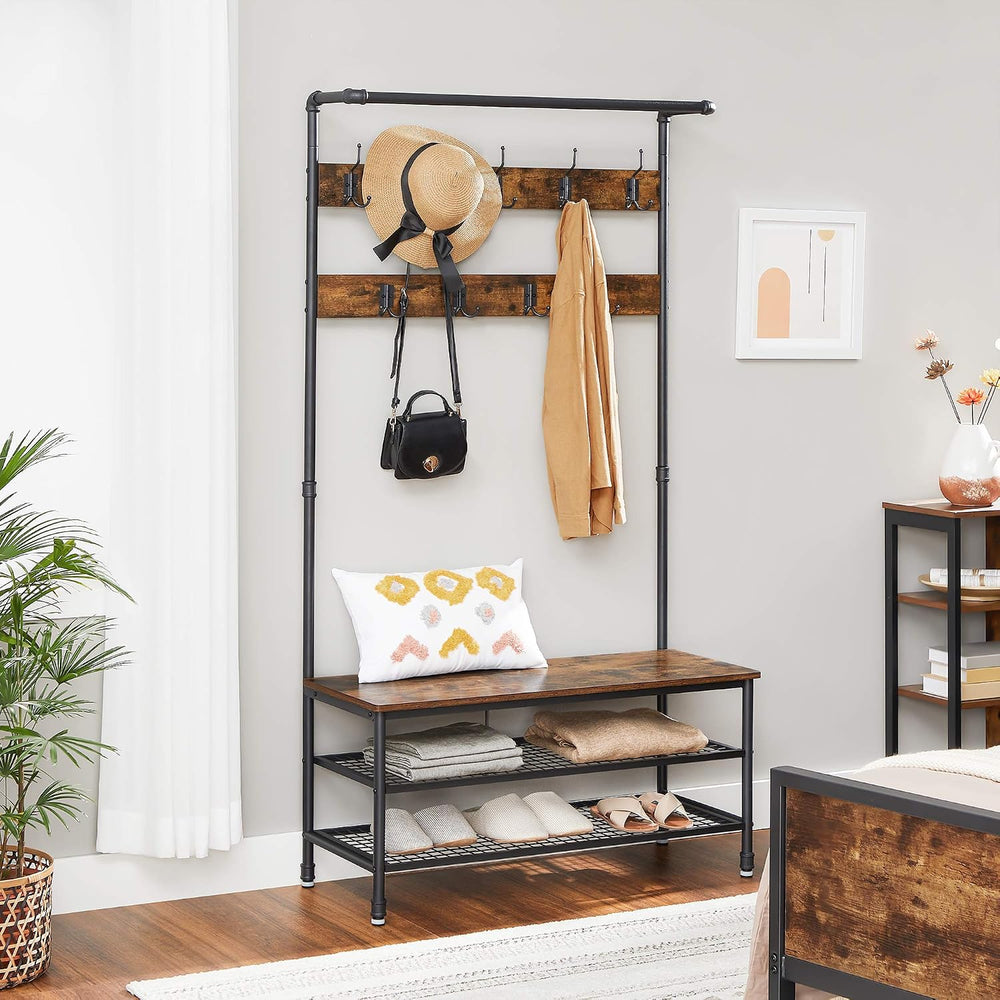 VASAGLE Coat Rack and Storage Bench, Hall Tree with 9 Hooks, Steel Frame