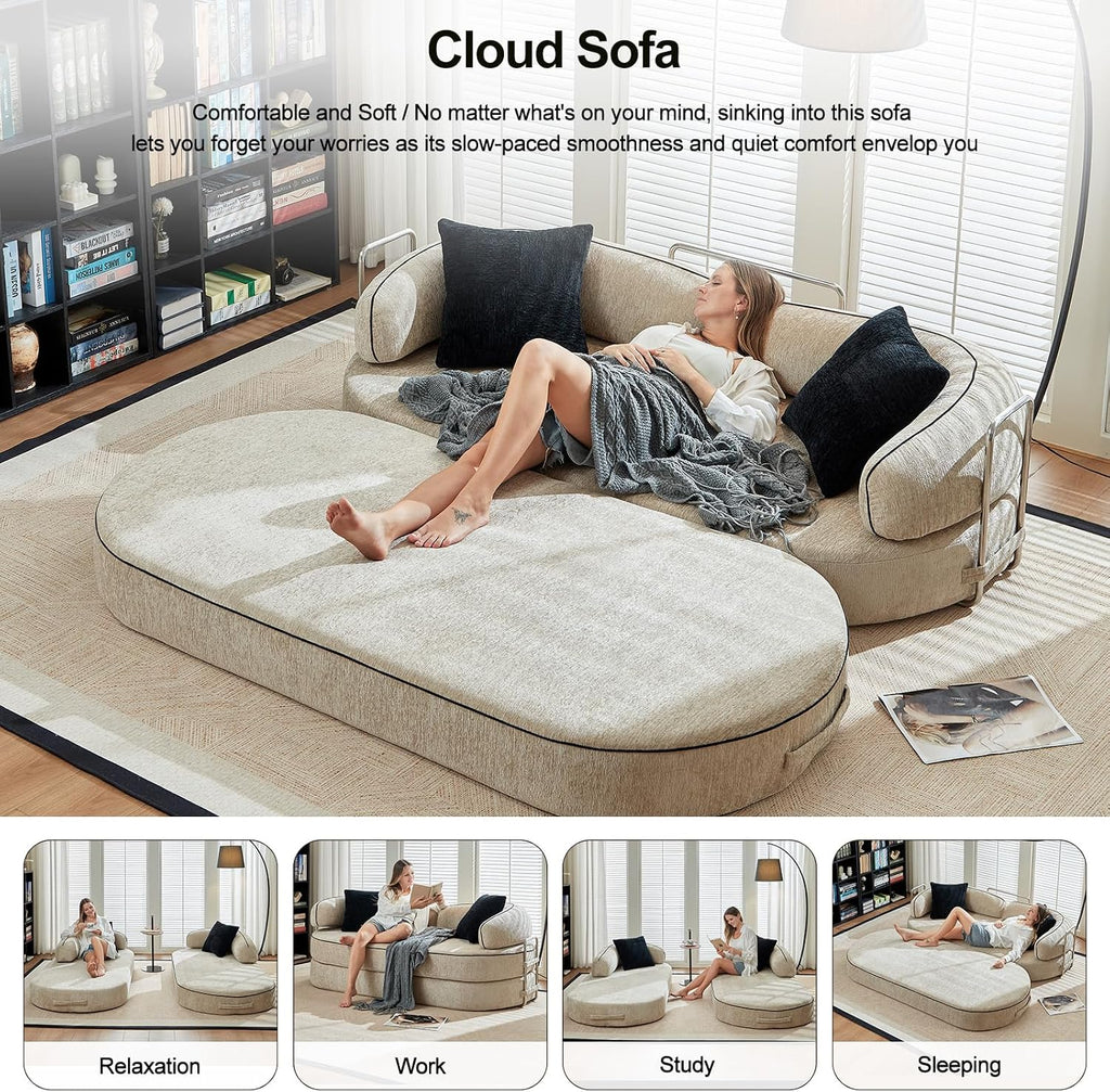 4-in-1 Folding Convertible Sofa Bed, 78 Inch Compression Oversized Corduroy Upholstered Boneless Couch with Fixed-Shape Frame, Loveseat Sleeper with Pull Out Bed, Modular Futon Couch,Beige