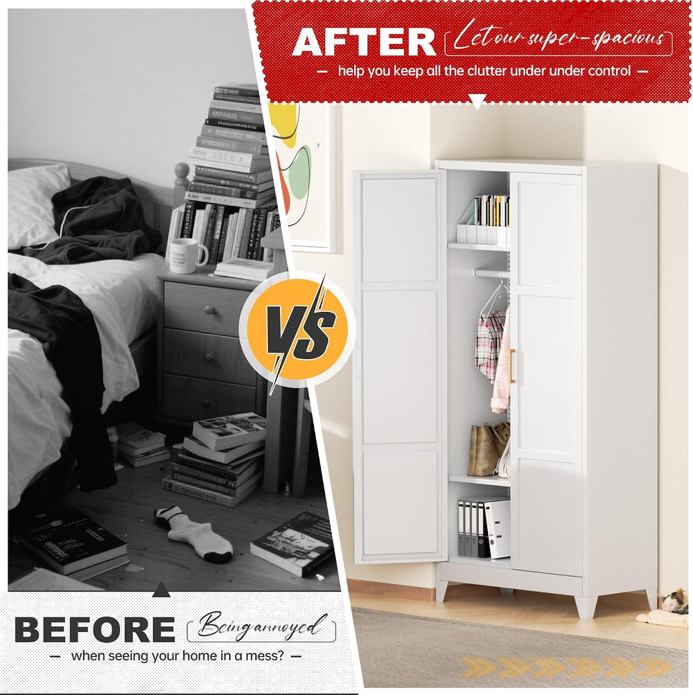 Superday Metal Wardrobe Closet, 72" H Bedroom Armoires with Wooden Handl...