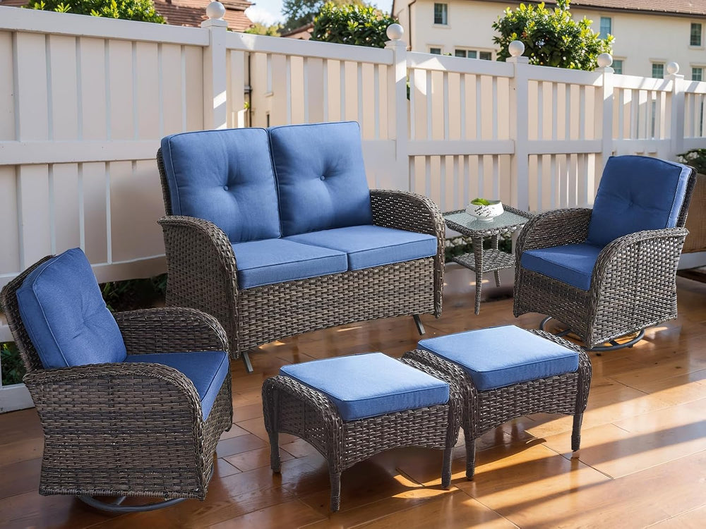 HUMMUH 6 Piece Wicker Patio Set, Swivel Rockers & Glider, Brown/Blue