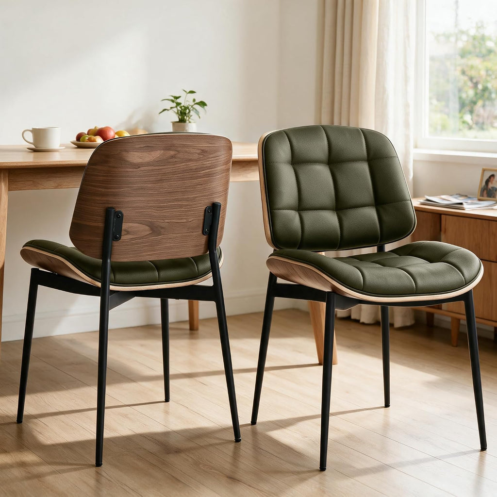 GrandNoor Mid Century Modern Dining Chairs with Walnut Grain Back, Green Faux Leather Dining Room Chairs Set of 2, Checkered Soft Cushion Kitchen Chairs with Adjustable Foot Pads