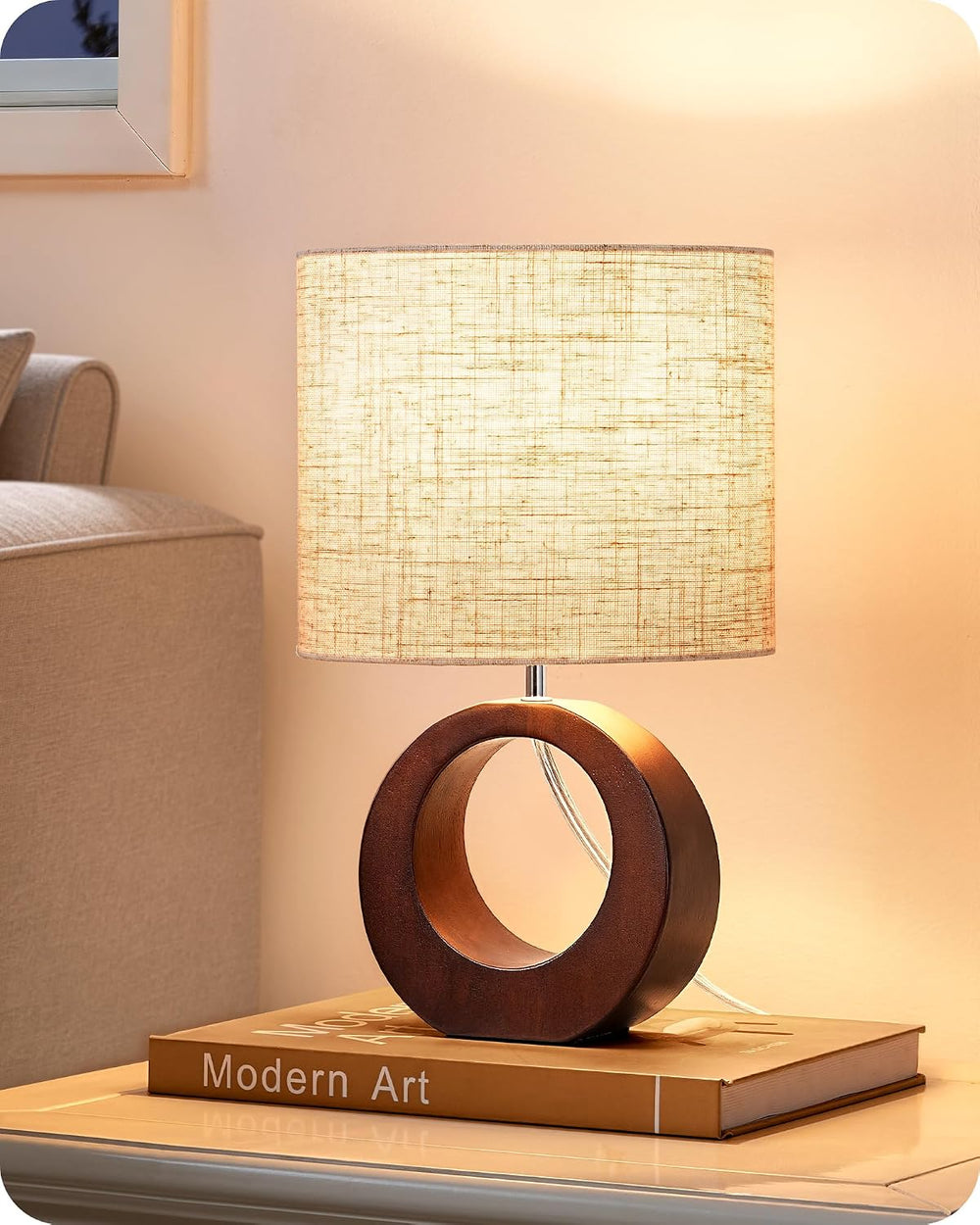 EDISHINE 13.4" Small Wood Table Lamp, ON-Off Switch, E26 Base, Bedroom
