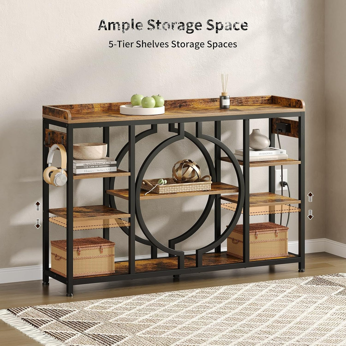 47.2 Inch Console Tables with Charging Station and LED Light, Rustic Brown