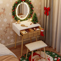 Pamapic Small Makeup Vanity Desk with Mirror and Lights, Girls Vanity with Cushioned Stool, 3 Lighting Modes Dressing Table, Compact Make Up Table with Drawers Bedroom, Natural Oak