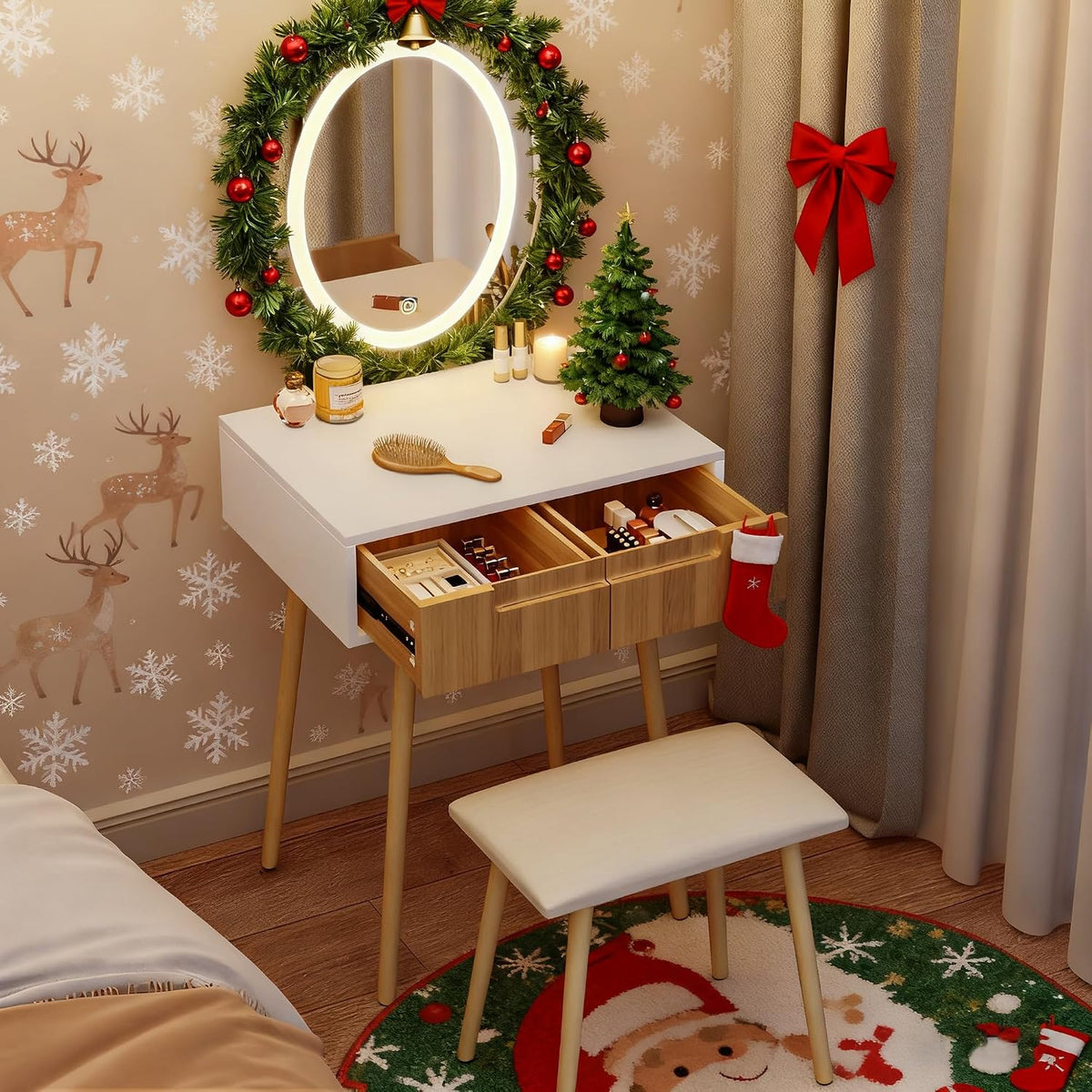 Pamapic Small Makeup Vanity Desk with Mirror and Lights, Girls Vanity with Cushioned Stool, 3 Lighting Modes Dressing Table, Compact Make Up Table with Drawers Bedroom, Natural Oak