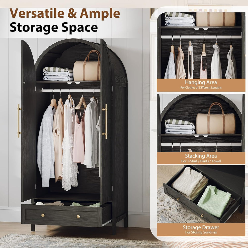 VINGLI Arched Wardrobe Closet Armoire with Doors and Drawer, Bedroom Armoires...