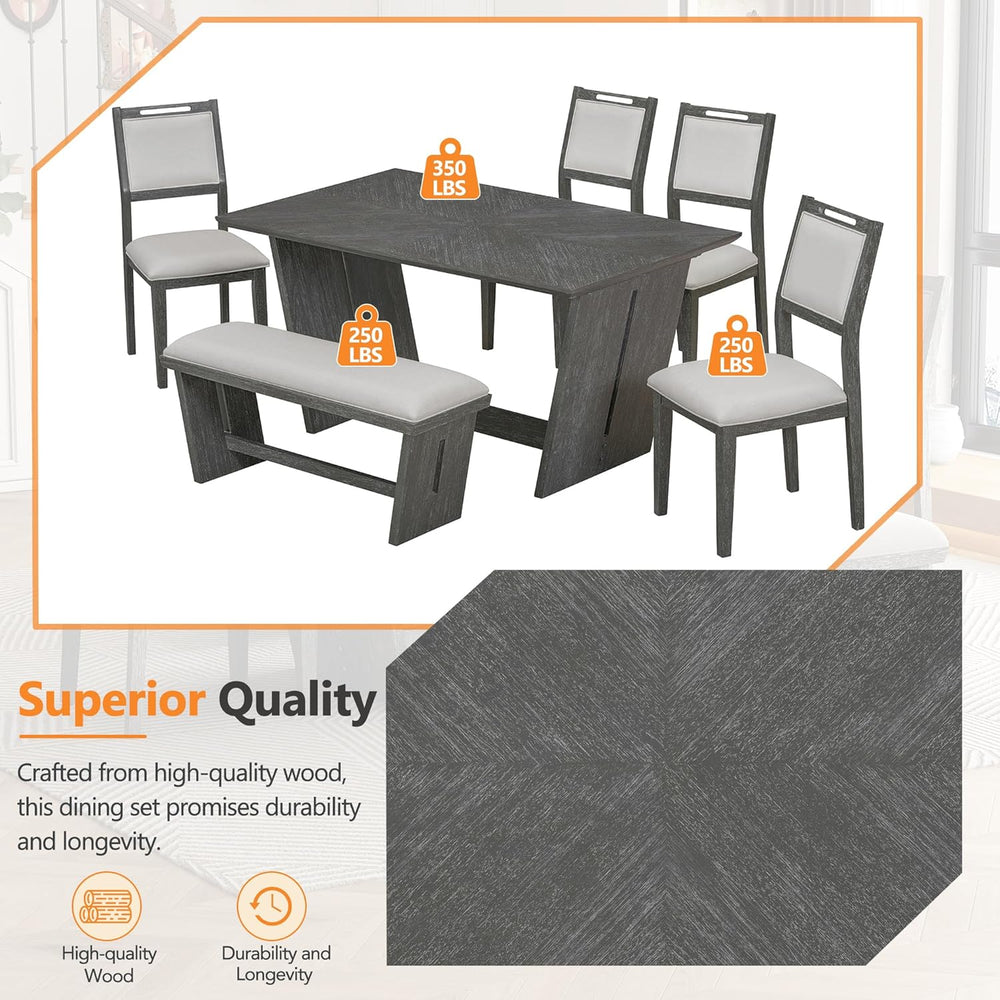 Merax 6-Piece Retro Dining Set with Table, 4 Chairs, Bench, Antique Gray