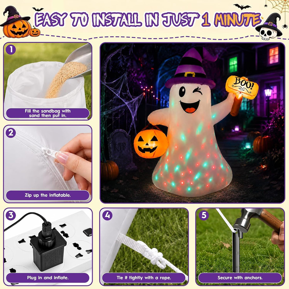 4.5 FT Halloween Inflatables Ghost with Pumpkin Boo, Halloween Decorations Outdoor with Build-in LED Lights Blow Up Cute Wizard Ghost Inflatables for Garden Lawn Yard Party Decor