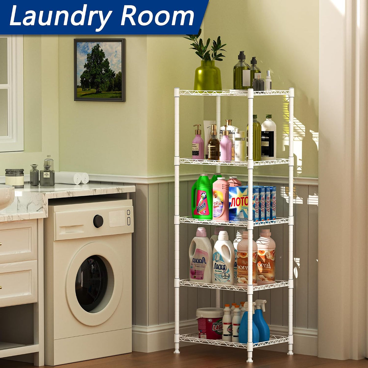 regiller 5-wire shelving metal storage rack adjustable shelves,standing showing dimensions