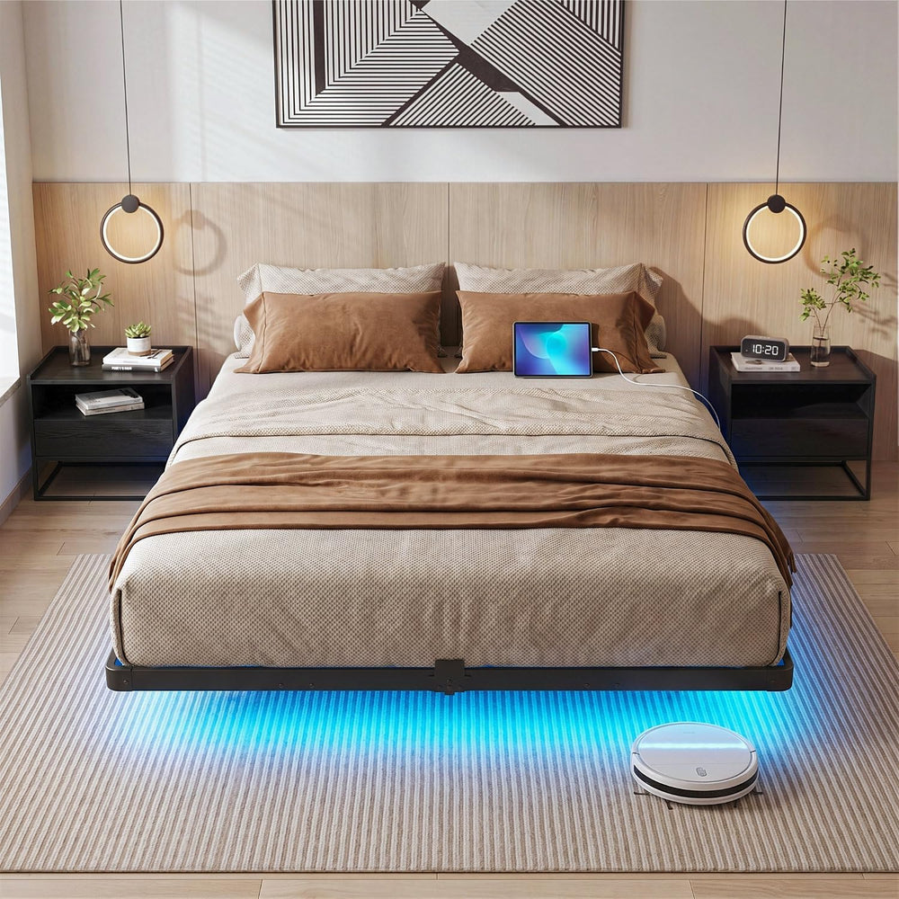 Liians Queen Floating Bed Frame with Smart LED Lights, USB Charging Station