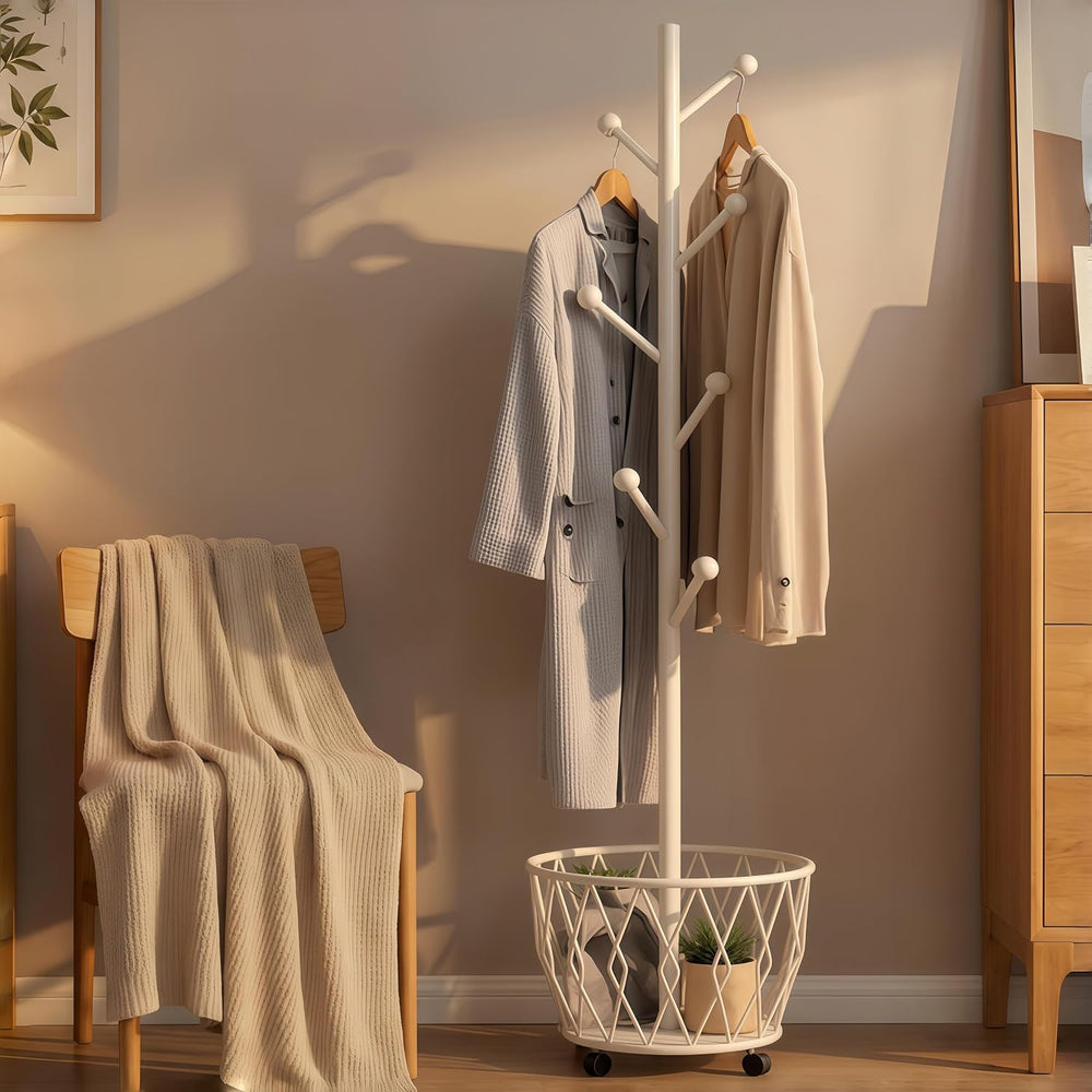 Off-White Moveable Tree Metal Coat Rack with Basket Freestanding 65"