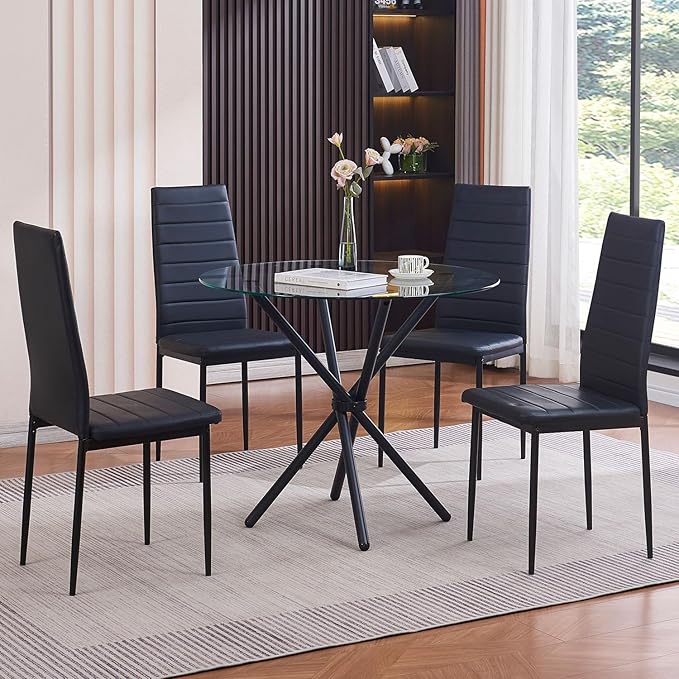 Black PU Dining Chairs Set of 4, Modern Kitchen & Dining Room Chairs Faux Leather Upholstered Dinner Chairs with Metal Legs for Small Space (Black, Horizontal line)