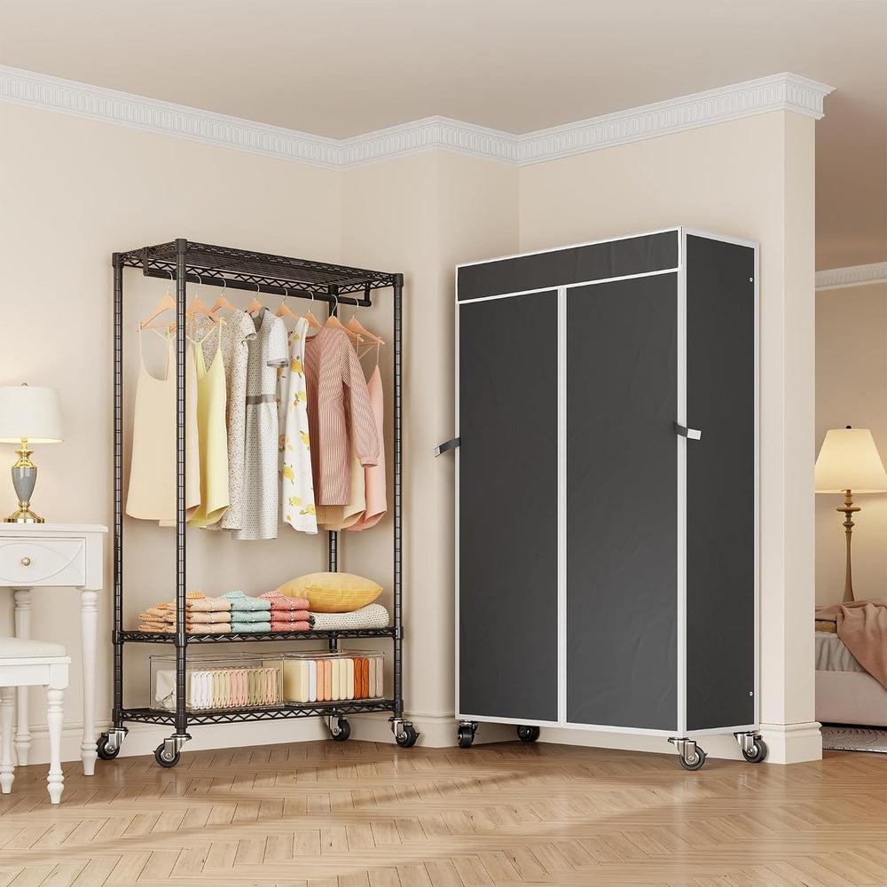 Higeego H4 Clothing Rack with Cover, Rolling Heavy Duty Clothes Rack, Black
