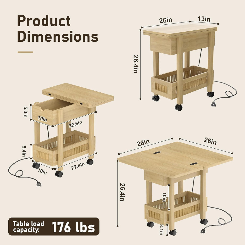 YOSHOOT Narrow End Table with Charging Station, Small Bedside Table