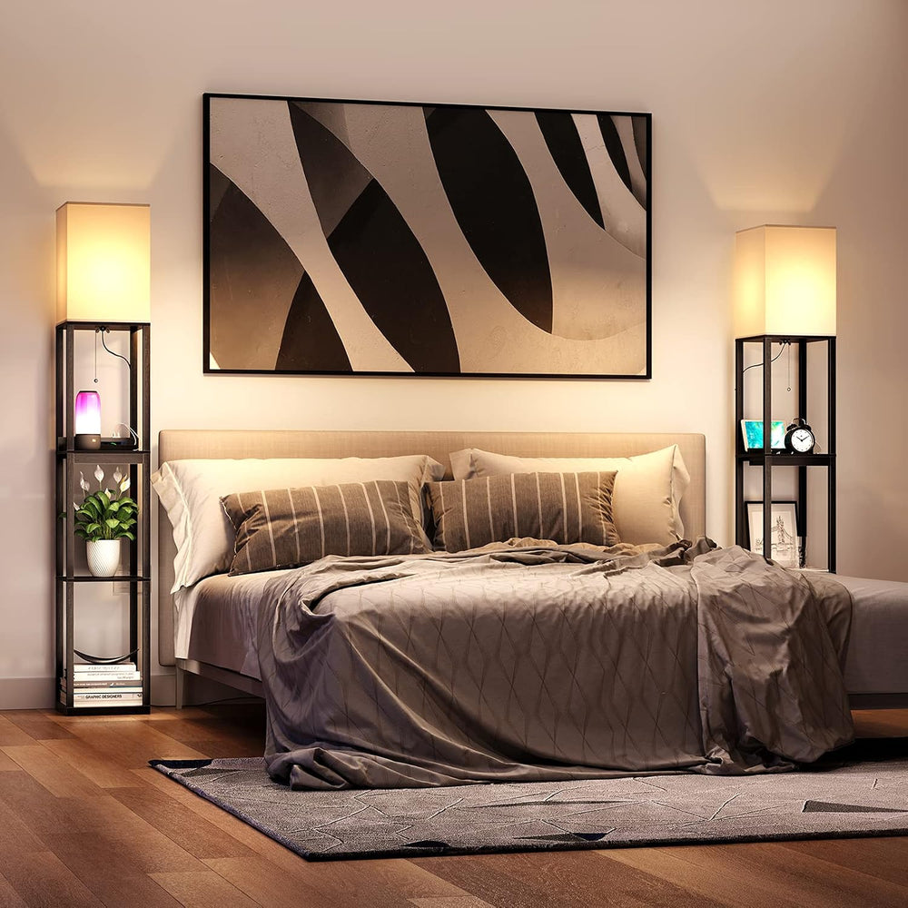 SUNMORY Floor Lamp with Shelves, Solid Wood Shelf Lamps for Living Room