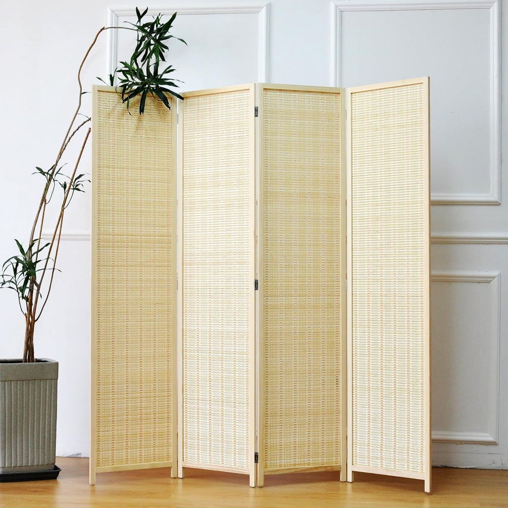 Furnnylane 4 Panel Bamboo Room Divider - 5.6 ft Tall Folding Privacy Screen, Natural Beige Freestanding Partition Wall for Home Office & Room Separation (67" H x 61.4" W)