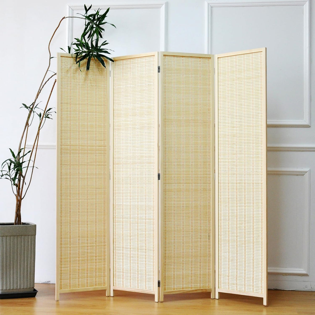 Furnnylane 4 Panel Bamboo Room Divider - 5.6 ft Tall Folding Privacy Screen, Natural Beige Freestanding Partition Wall for Home Office & Room Separation (67" H x 61.4" W)