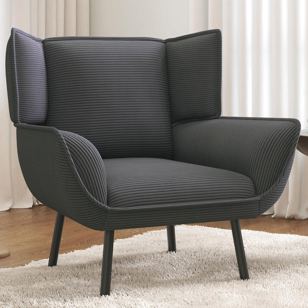 Corduroy Wingback Accent Chair, High Back Armchair with Deep Seat, Gray