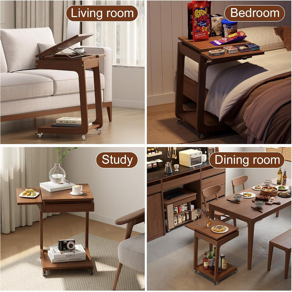 Solid Wood C Shaped End Table for Couch, Walnut Couch Desk