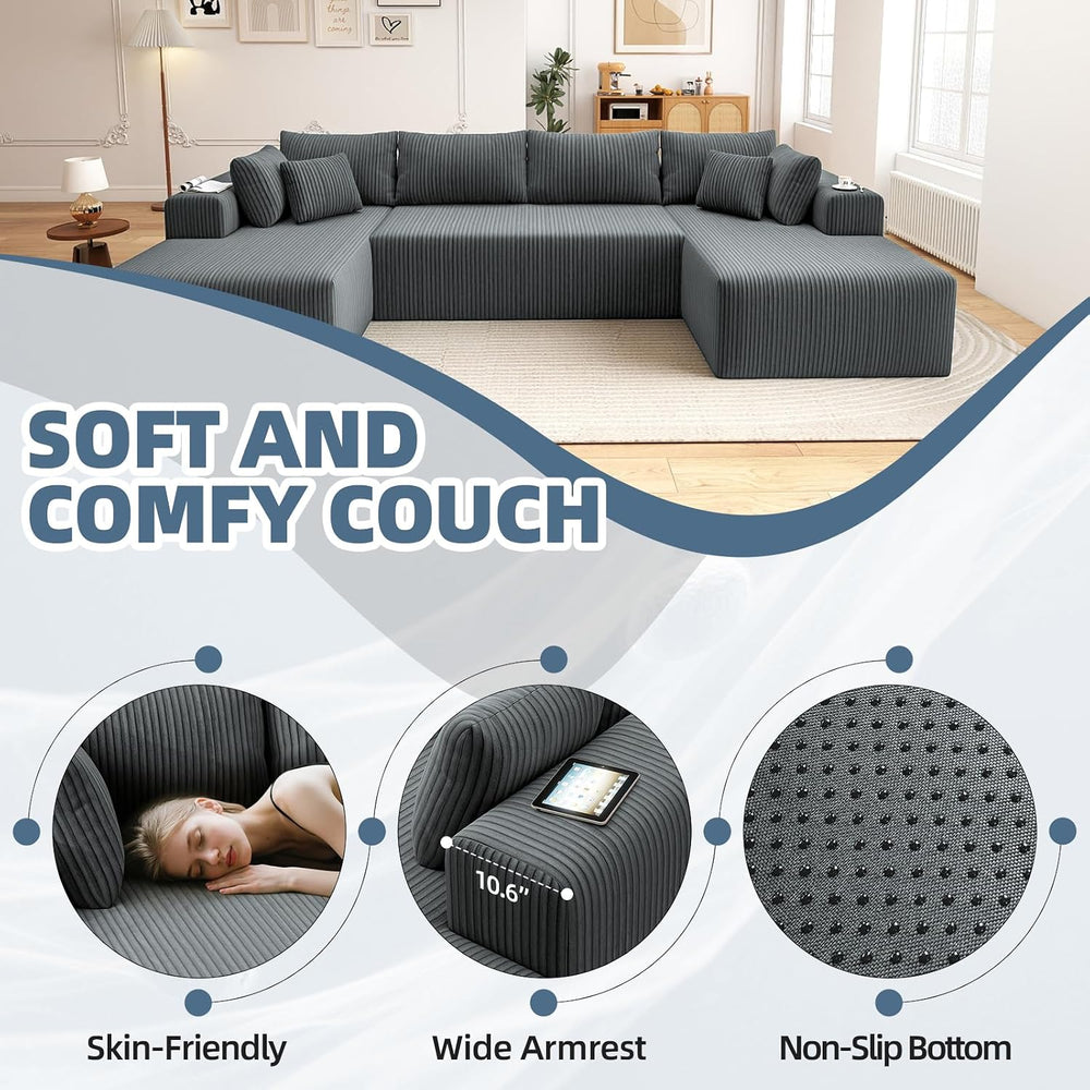 134'' Cloud Couch U-Shaped Sectional Sofa, Corduroy Boneless Couches