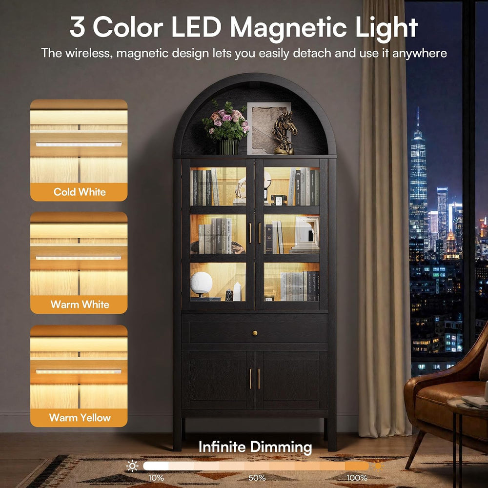 71" Tall Arched Storage Cabinet with Motion Sensor Lights, Farmhouse Fre...