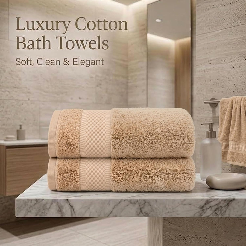 100% Cotton Soft Luxury Bath Towels Set of 2, Lightweight, Quick Dry, Beige