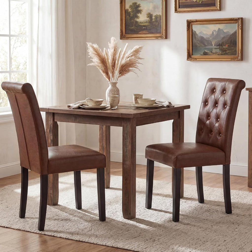 LSSBOUGHT Set of 2 Modern Tufted Dining Chairs, Button Padded Fabric Chairs with Solid Wood Legs, Upholstered Armless Dining Side Chairs for Home Dining Room(Brown,No Table)