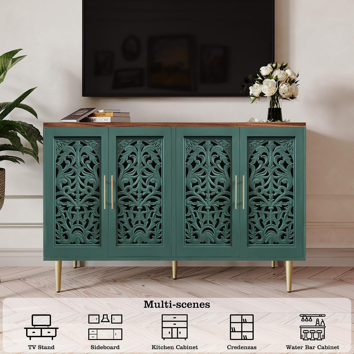 ARTPOWER 47.8" Vintage Accent Cabinet with 4 Hollow Carving Doors, Green