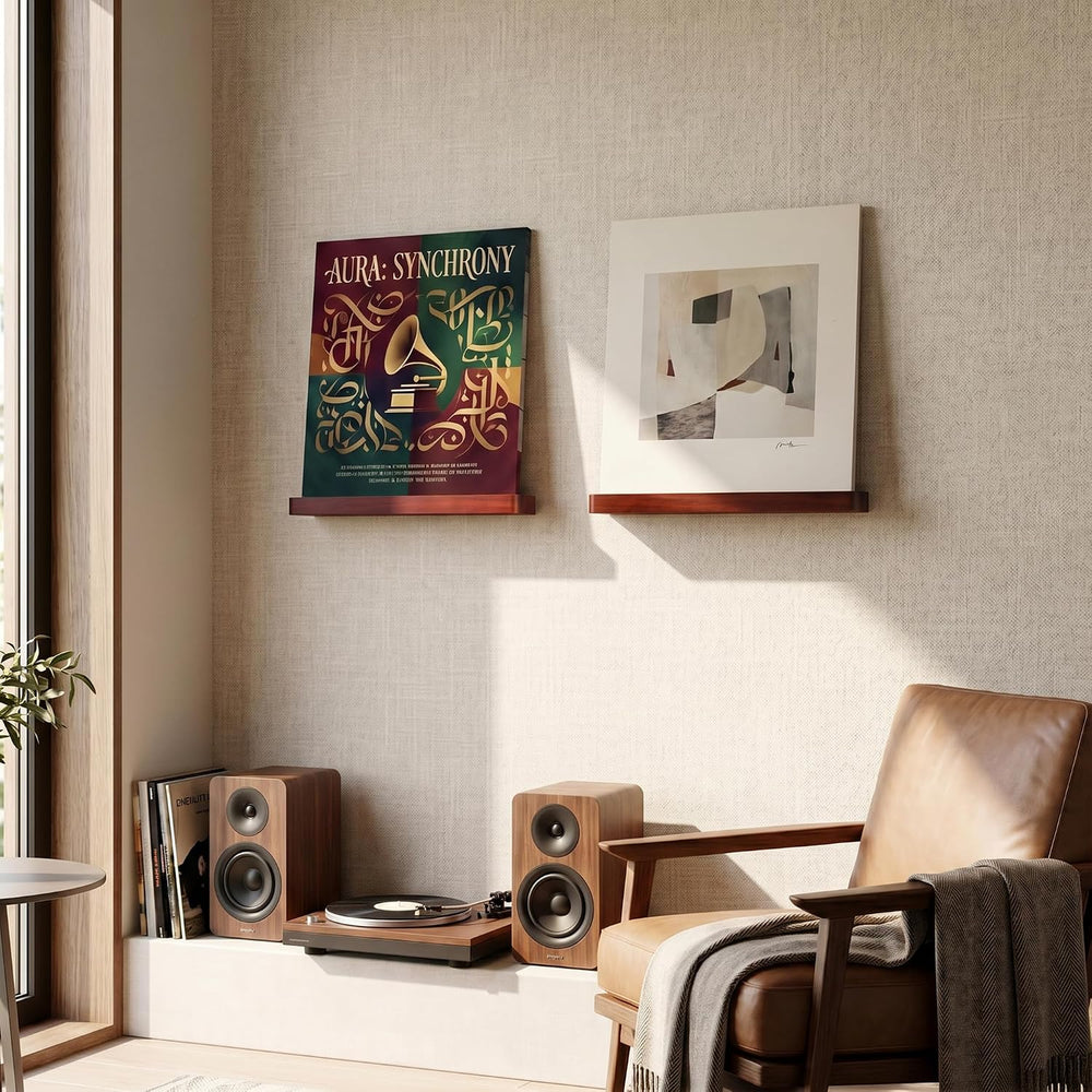 Heimlove Vinyl Wall Mount Solid Wood Record Shelf Display, Brown, 6 Pack