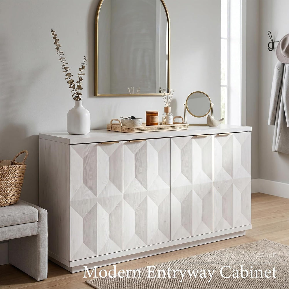 Yechen 59" W Sideboard Buffet Cabinet with 3D Geometric Doors, White Oak