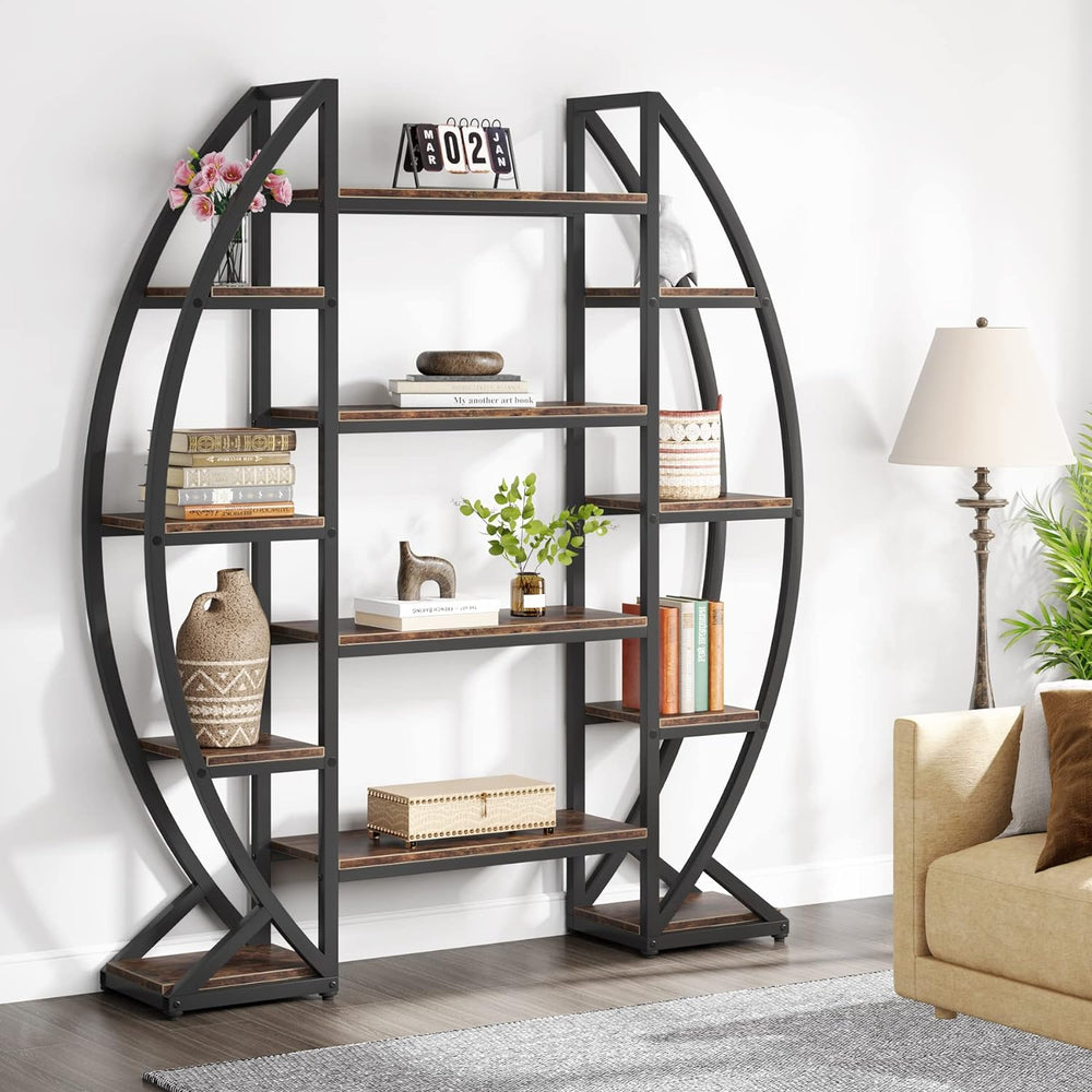 Tribesigns Oval Bookshelf, Triple Wide 5 Tier Etagere Bookcase, Industrial Di...