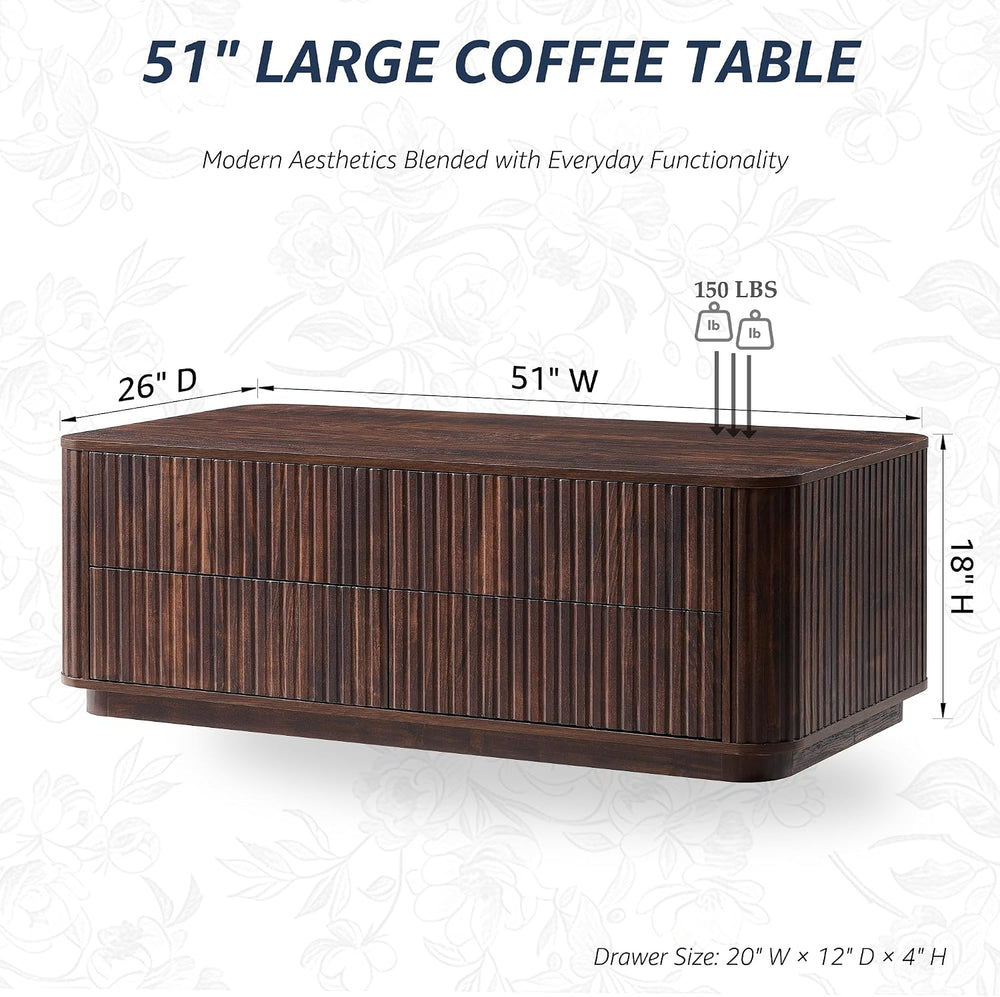 51" Fluted Coffee Table with 4 Drawers, Dark Walnut