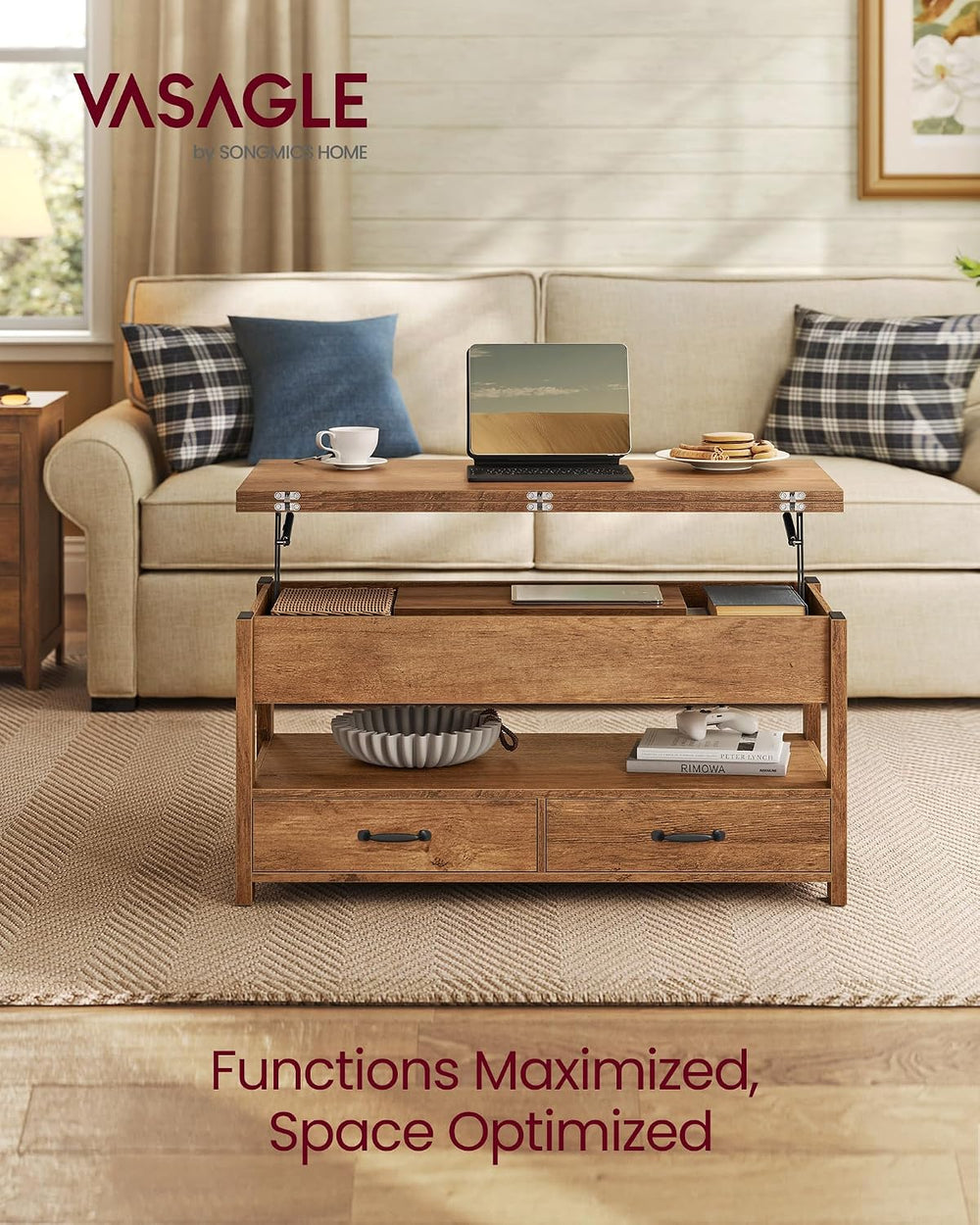 VASAGLE Lift Top Coffee Table, 3 in 1 Center Table with Storage, 2 Drawers
